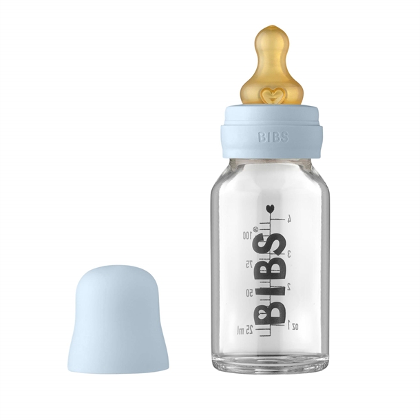 Bibs Sutteflaske Glas - Anti Kulik - 110 ml - Naturgummi - Baby Blue - Bibs