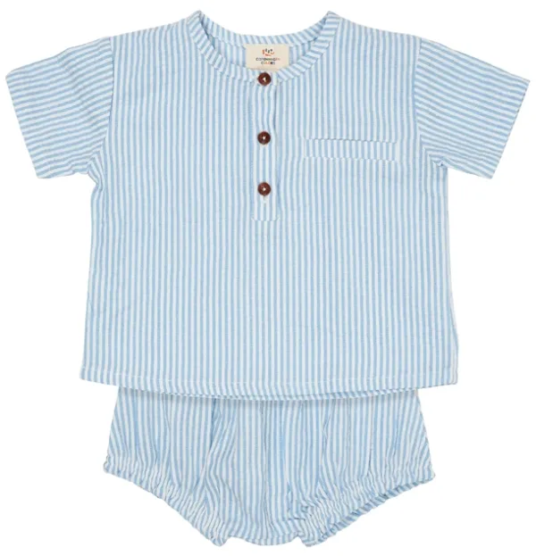 Copenhagen Colors Skjorte & Bloomers - Seersucker baby set - Sky Blue m. Cream Stripe - Copenhagen Colors