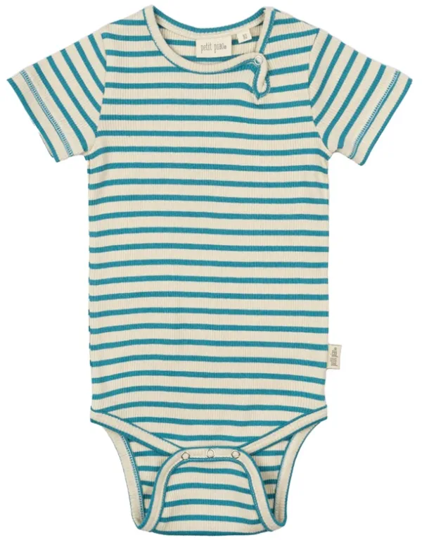 Petit Piao Kortærmet Body - Striber - Turquise/Dark off white - Petit Piao